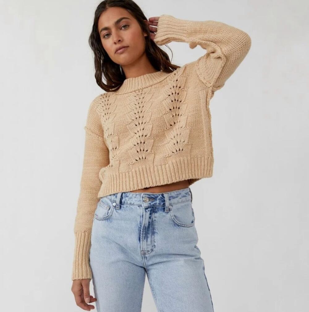 Free People Bell Song Sweater in Sandcastle Tan Cropped Pullover Women's sz L